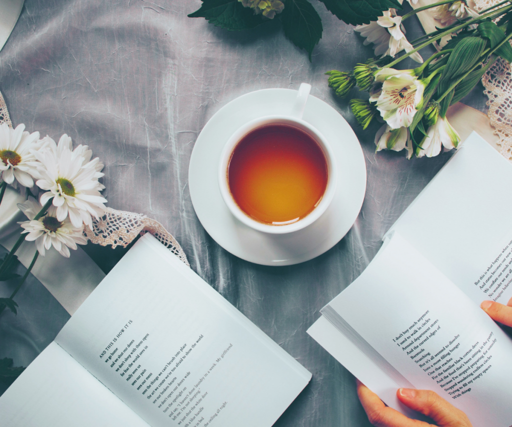 books and tea and flowers